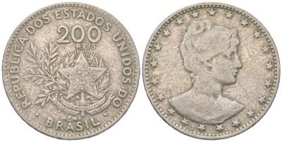 Бразилия 200 реалов 1901 MCMI, голова свободы вправо KM 504 медно-никель 4612-317