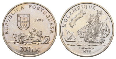 Португалия 200 эскудо 1998 Путешествие Васко да Гамы в Индию 1498 года - Мозамбик KM 711 медно-никель UNC 1101-2-24