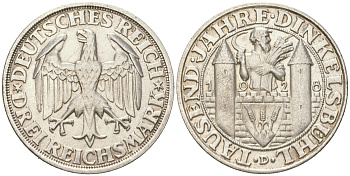 Германия 3 марки 1928 D, 1000 летие основания Динкельсбюля J. 334, KM 59 серебро  aUNC  00-816-33