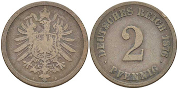 ГЕРМАНИЯ 2 ПФЕННИГА 1876 A, СТАРОГЕРБОВКА KM 2, J. 2, Weege 3 медь 212-647