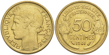 ФРАНЦИЯ 50 САНТИМОВ 1941 ТИП MORLON KM 894.1, LE FRANC 192.18 алюминиевая бронза 44-646