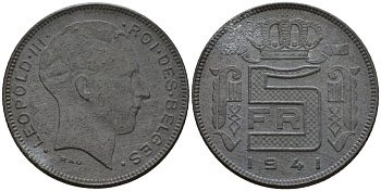 Бельгия 5 франков 1941 DES BELGES KM 129.1 цинк 4556-712