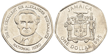 Ямайка 1 доллар 1995 Александр Бустаманте KM 164 никелированная сталь 4609-349