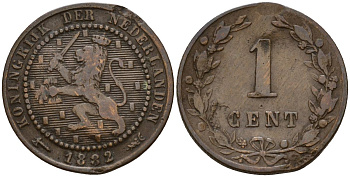 Нидерланды 1 цент 1882 Вильгельмина I (1890-1948) KM 107 бронза 4152-649
