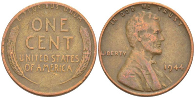 США 1 цент 1944 Линкольн KM А132 медь цинк 218-156