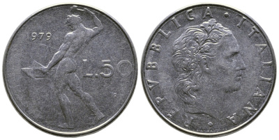 Италия 50 лир 1979 R, бог огня Вулкан у наковальни KM 95.1 нержавеющая сталь    4606-137