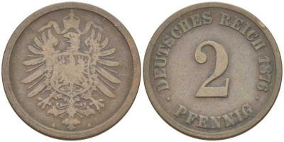 ГЕРМАНИЯ 2 ПФЕННИГА 1876 A, СТАРОГЕРБОВКА KM 2, J. 2, Weege 3 медь 212-647