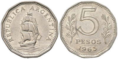 Аргентина 5 песо 1963 KM 59 сталь плакированная никелем 4596-1227