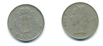 БЕЛЬГИЯ 1 ФРАНК 1957 BELGIE KM 143.1 медно-никель 3999-842