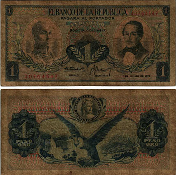 Колумбия 1 песо 1973 7 августа 1973, Симон Боливар, генерал Франсиско де Паула Сантандер Pick 404 е  бумага   435-15-2-1