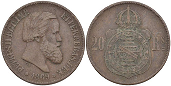 Бразилия 20 рейсов 1869 Педро II (1831-1889) KM 474 бронза 4529-447