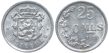 Люксембург 25 сантимов 1970 Герцог Жан (1964-1999) KM 45a.1 алюминий 4532-847