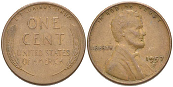 США 1 ЦЕНТ 1957 D, ЛИНКОЛЬН KM А132 медь цинк 218-721