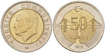 Турция 50 курушей 2013 KM 1243 биметалл 4610-1136