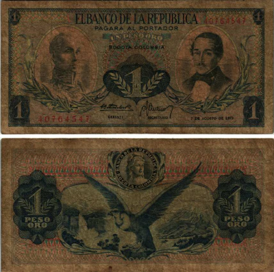 Колумбия 1 песо 1973 7 августа 1973, Симон Боливар, генерал Франсиско де Паула Сантандер Pick 404 е  бумага   435-15-2-1