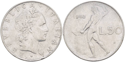 ИТАЛИЯ 50 ЛИР 1962 R, БОГ ОГНЯ ВУЛКАН У НАКОВАЛЬНИ KM 95.1 нержавеющая сталь 4551-342