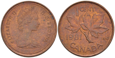 Канада 1 цент 1981 Елизавета II (1952-2022), кленовый лист KM 127 бронза 176-635