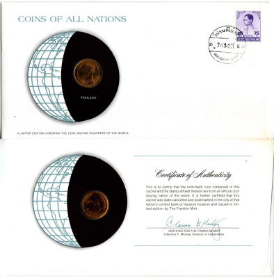 Таиланд 25 сатангов 1977 конверт с маркой первого дня гашения, Coins of Nations Y 109 латунь UNC 4294-61-3