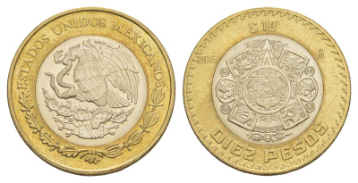 Мексика 10 песо 2015 Мо, бог Тонатиуха с огненной маской KM 616 биметалл aUNC 4637-734