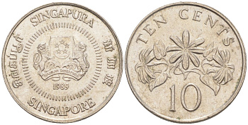 Сингапур 10 центов 1989 KM 51 медно-никель 187-464