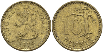 ФИНЛЯНДИЯ 10 ПЕННИ 1974 S KM 46 алюминиевая бронза 100-212