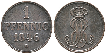 Ганновер 1 пфенниг 1846 B, Эрнст Август (1837-1851) KM 201.1, AKS 129, J. 74 медь 100-953