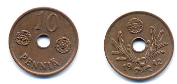 ФИНЛЯНДИЯ 10 ПЕННИ 1942 KM 33.1 медь 51-5013