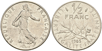Франция 1/2 франка 1985 сеятель KM 931.1 никель 4364-437