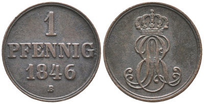 Ганновер 1 пфенниг 1846 B, Эрнст Август (1837-1851) KM 201.1, AKS 129, J. 74 медь 100-953