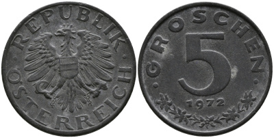 АВСТРИЯ 5 ГРОШЕЙ 1972 KM 275 цинк 96-1138