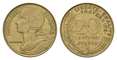 Франция 20 сантимов 1964 тип Marianne KM 930, Le Franc 156.4 алюминиевая бронза 3459-822