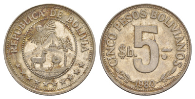 Боливия 5 песо 1980 KM 197 сталь плакированная никелем UNC 4645-744