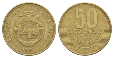 Коста-Рика 50 колонов 1999 KM 231.1 латунь 4631-156