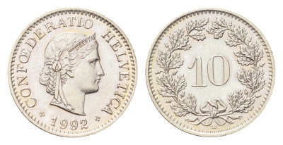 Швейцария 10 раппенов 1992 B KM 27 медно-никель 4708-235
