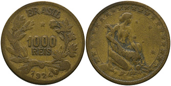 Бразилия 1000 рейсов 1924 KM 525 алюминиевая бронза 4575-342