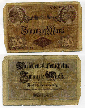 ГЕРМАНИЯ 20 МАРОК 1914 7 значный номер Pick 48 b бумага 6283-52-2