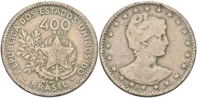 Бразилия 400 рейс 1901 голова свободы вправо KM 505 медно-никель 4367-215