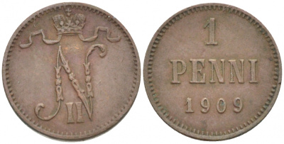 Россия для Финляндии 1 пенни 1909 Николай II (1894-1917) KM 13, Биткин 470 медь 4396-1317