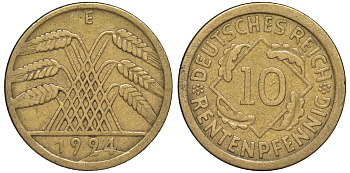 Германия 10 рентенпфеннигов 1924 E, брак чекана, разрушение штемпеля KM 33, J. 309 алюминиевая бронза 4604-633