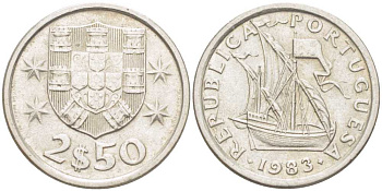 Португалия 2,5 эскудо 1983 парусник KM 590 медно-никель 213-245