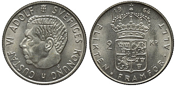Швеция 2 кроны 1964 U, Густав VI Адольф (1950-1973) KM 827 серебро 00-00