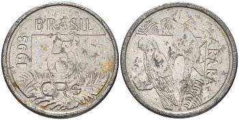 БРАЗИЛИЯ 5 КРУЗЕЙРО РЕАЛ 1993 РЕФОРМА 1993-1994, ПОПУГАИ АРА KM 627 нержавеющая сталь 4388-247