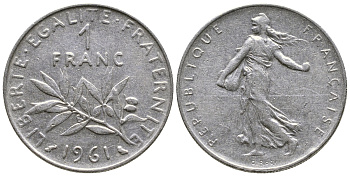 ФРАНЦИЯ 1 ФРАНК 1961 СЕЯТЕЛЬ KM 925.1 никель 3999-1224