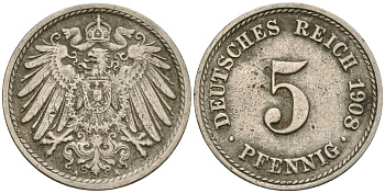 Германия 5 пфеннигов 1907 A, KM 11, J. 12 медно-никель 4364-3665