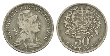 Португалия 50 сентаво 1946 голова Свободы вправо KM 577 никель латунь 4388-146