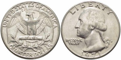 США 25 центов (квотер) 1971 Вашингтон KM 164а медь плакированная медно-никелем 63-935