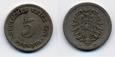 ГЕРМАНИЯ 5 ПФЕННИГОВ 1876 J, СТАРОГЕРБОВКА KM 3, J.3 медно-никель 46-1911