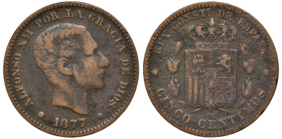 Испания 5 сентимо 1877 OM, Альфонсо XII KM 674 медь 4163-532