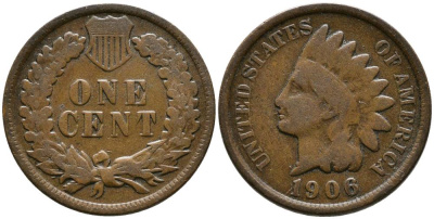 США 1 ЦЕНТ 1906 ИНДЕЕЦ, INDIAN HEAD KM 90а бронза 4543-1117