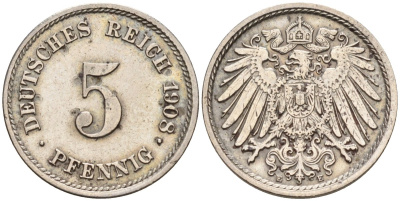 Германия 5 пфеннигов 1908 A KM 11, Jager 12, Weege 6 медно-никель 4151-466